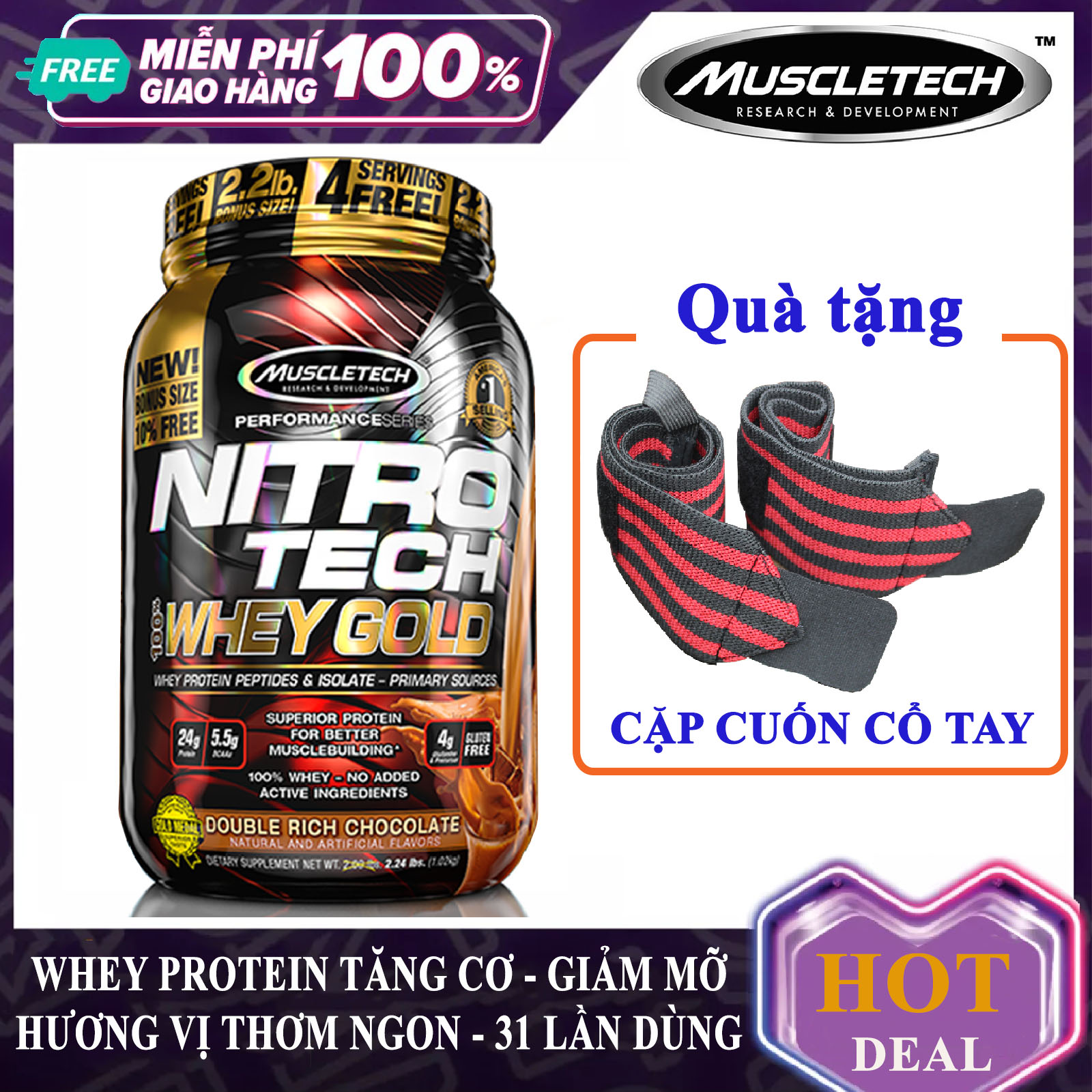 [TẶNG CUỐN CỔ TAY] Sữa tăng cơ giảm mỡ Nitro Tech 100% Whey Gold của Muscle tech hương Chocolate hộp 31 lần dùng hỗ trợ tăng cơ, giảm cân đốt mỡ, tăng sức bền sức mạnh cho người tập GYM