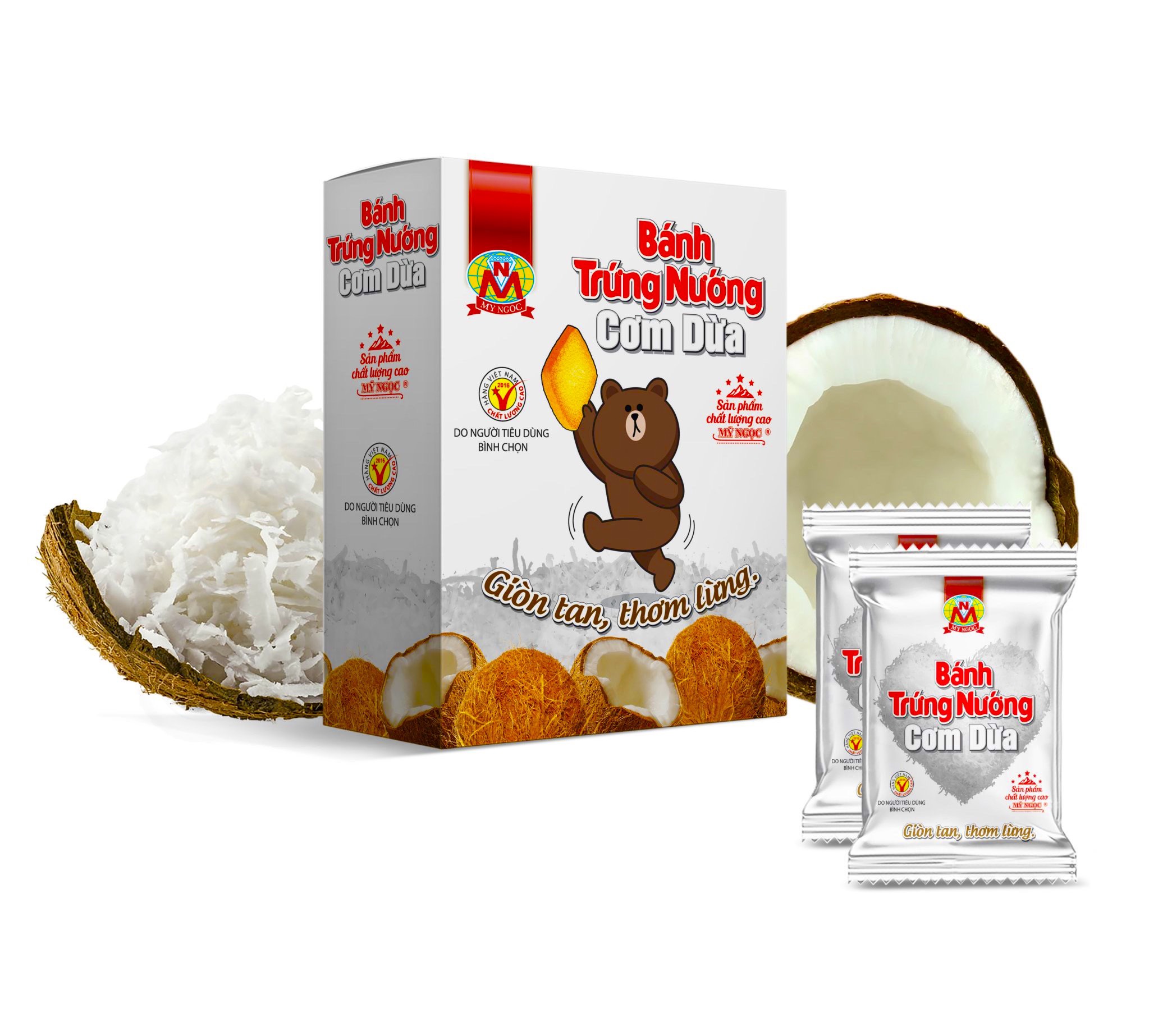 45g Bánh trứng nướng CƠM DỪA sữa tươi, GIÒN TAN – ÍT ngọt – béo béo DỪA NON, 1 hộp có 5 bánh, BỮA ĂN NHẸ thêm NĂNG LƯỢNG