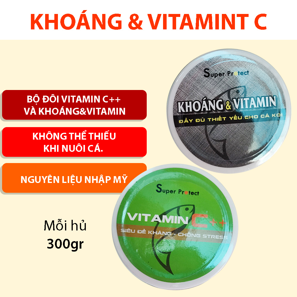 Combo Khoáng&Vitamin Super Protect & Vitamin C++ Super Protect cho cá koi, cá cảnh 2 hũ 300gr