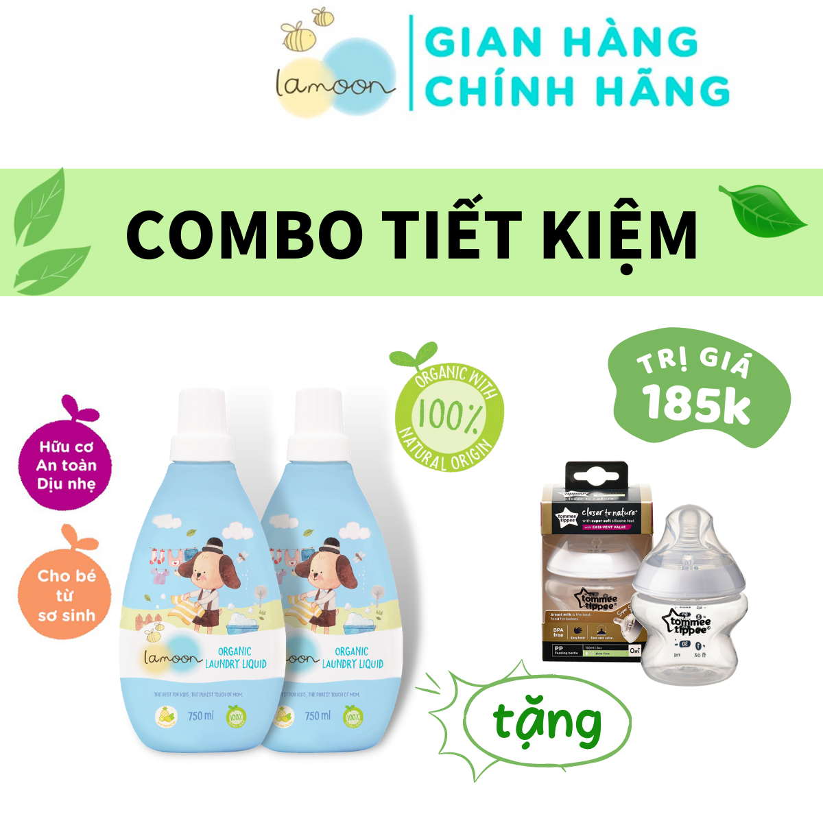 COMBO 2 Bình Nước giặt đồ sơ sinh Organic Lamoon 750ml TẶNG 1 Bình Sữa