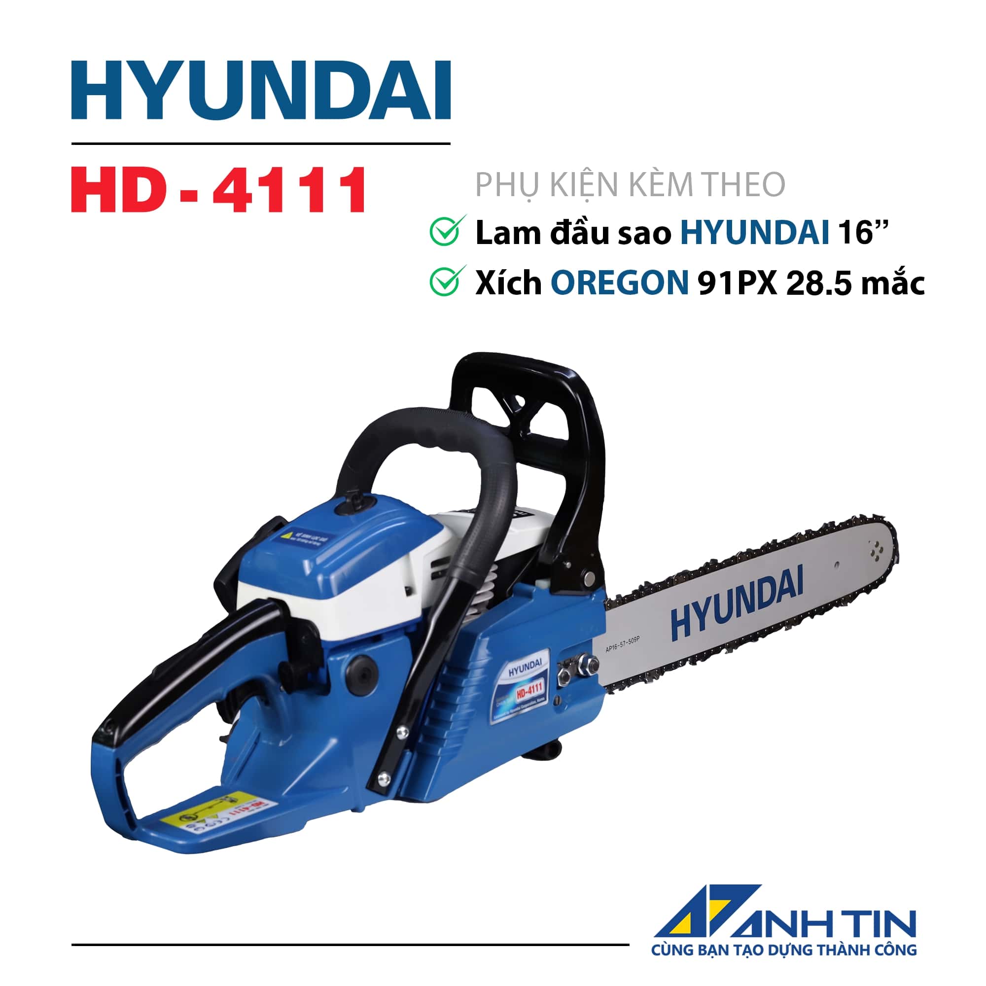 Máy cưa xích hyundai hd-4111 | 2hp | xích oregon - lam 16'' | giật tay trợ lực