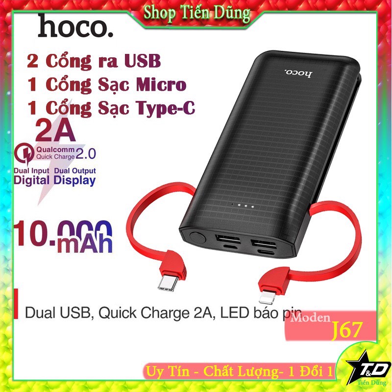 Hoco J67 Pin sạc dự phòng Hoco J67 dung lượng 10.000mAh có 2 dây sạc kèm theo chân cắm lightnigh và type-C 2 cổng usb