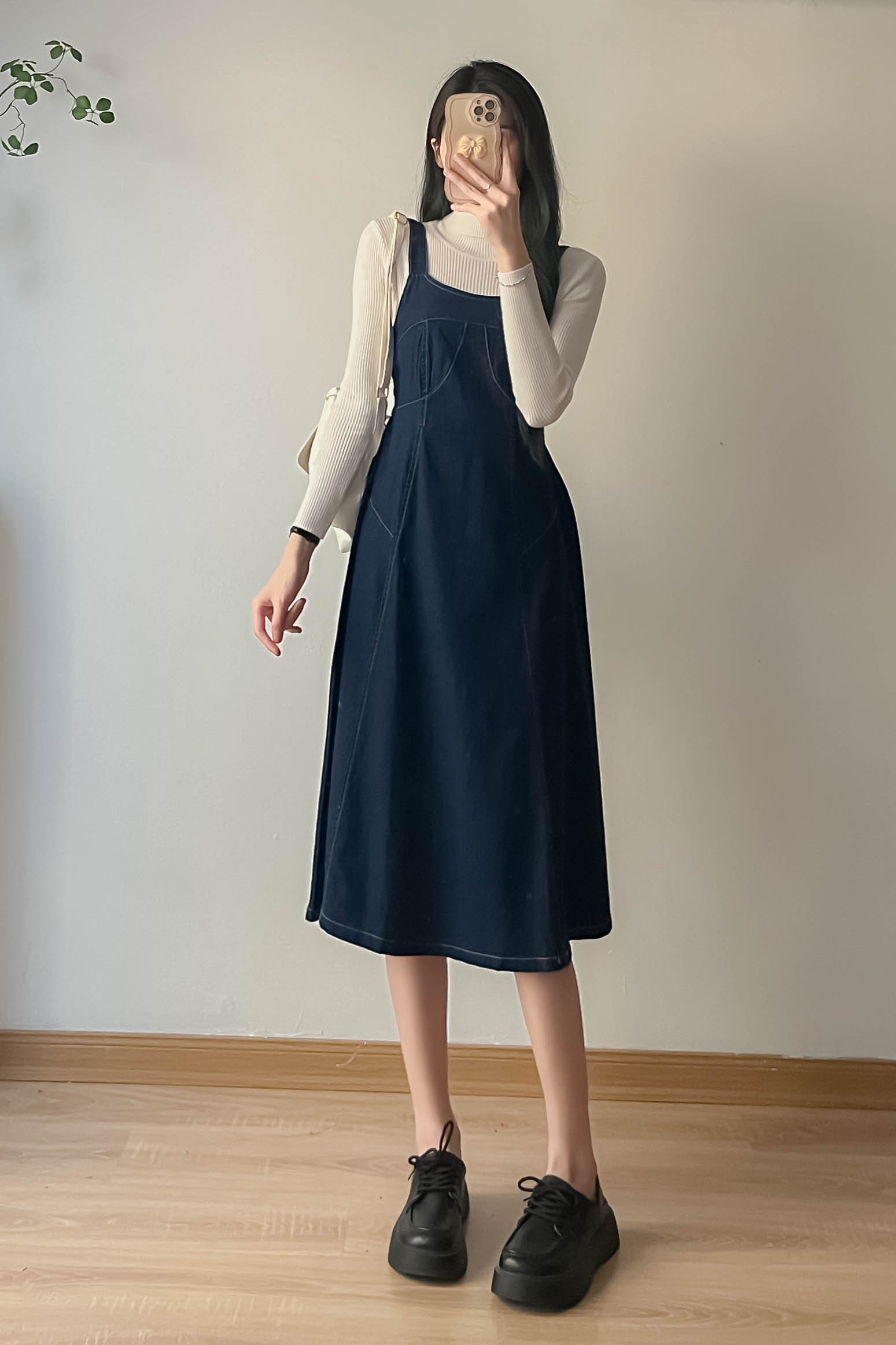 Váy, yếm jeans 2 dây lưng chun dáng xòe emix freesize <55kg - yemjean634/p0k11