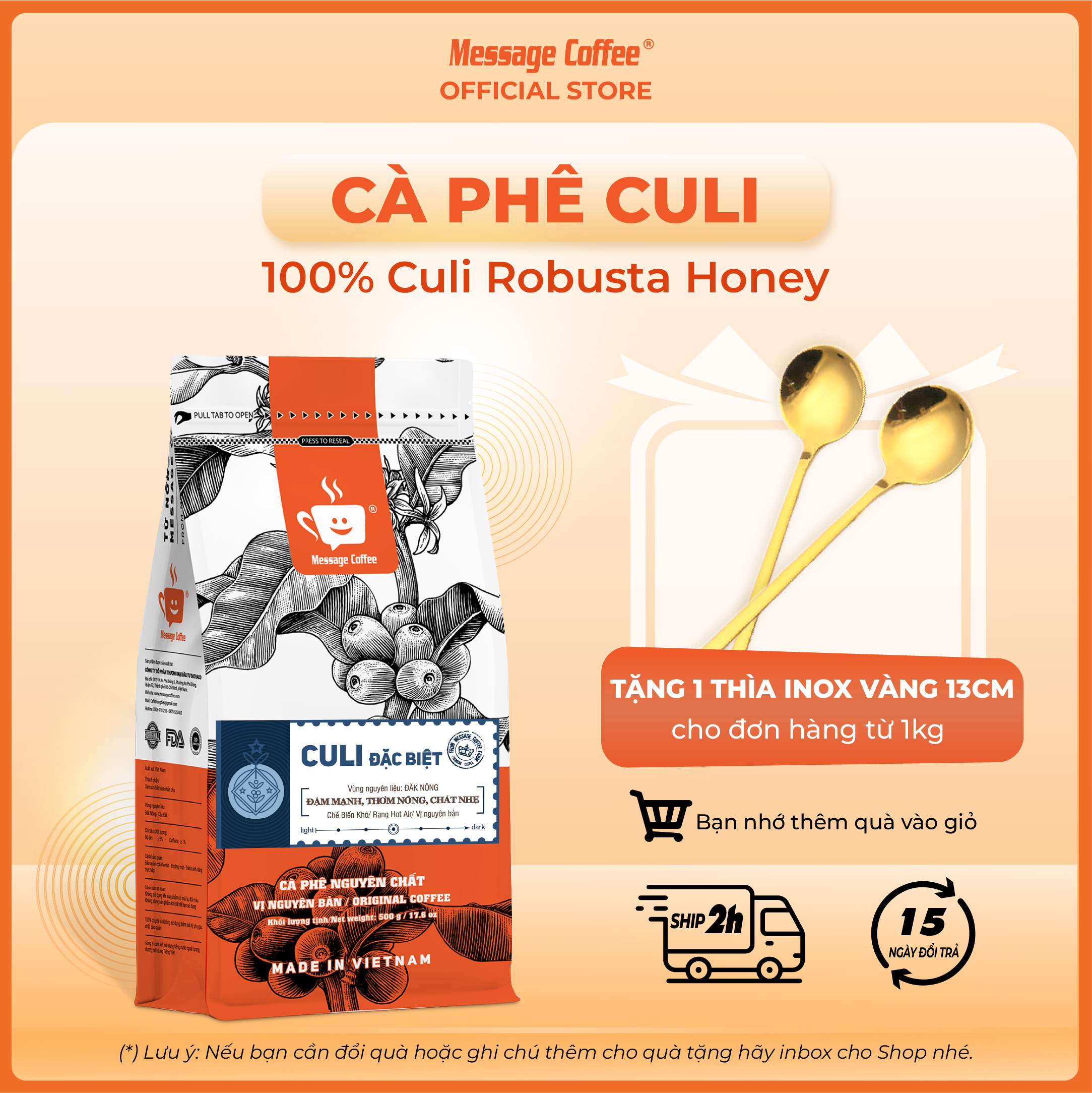 Cà phê CULI HONEY ĐẶC BIỆT nguyên chất rang mộc 100% café bột xay gói 500gr vị đắng đậm không chua thơm mạnh gu truyền thống từ Message Coffee