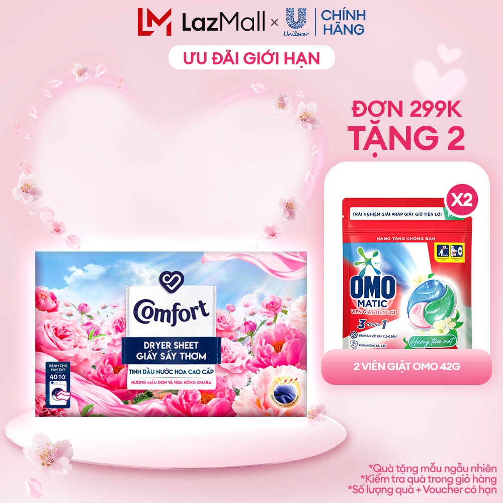 (Livestream) - Giấy Thơm Comfort Hương Mẫu Đơn Và Hoa Hồng Ohara 40 tờ/hộp, Dành Cho Máy Sấy Quần Áo, Tủ Đồ