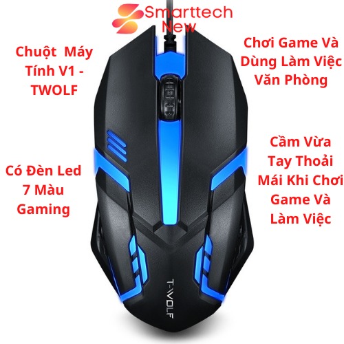 Chuột Gaming, Chuột Có Dây Máy Tính Laptop V1 T-WOLF Đèn Led 7 Màu Cho Game Thủ, Dùng Văn Phòng Cực Tốt