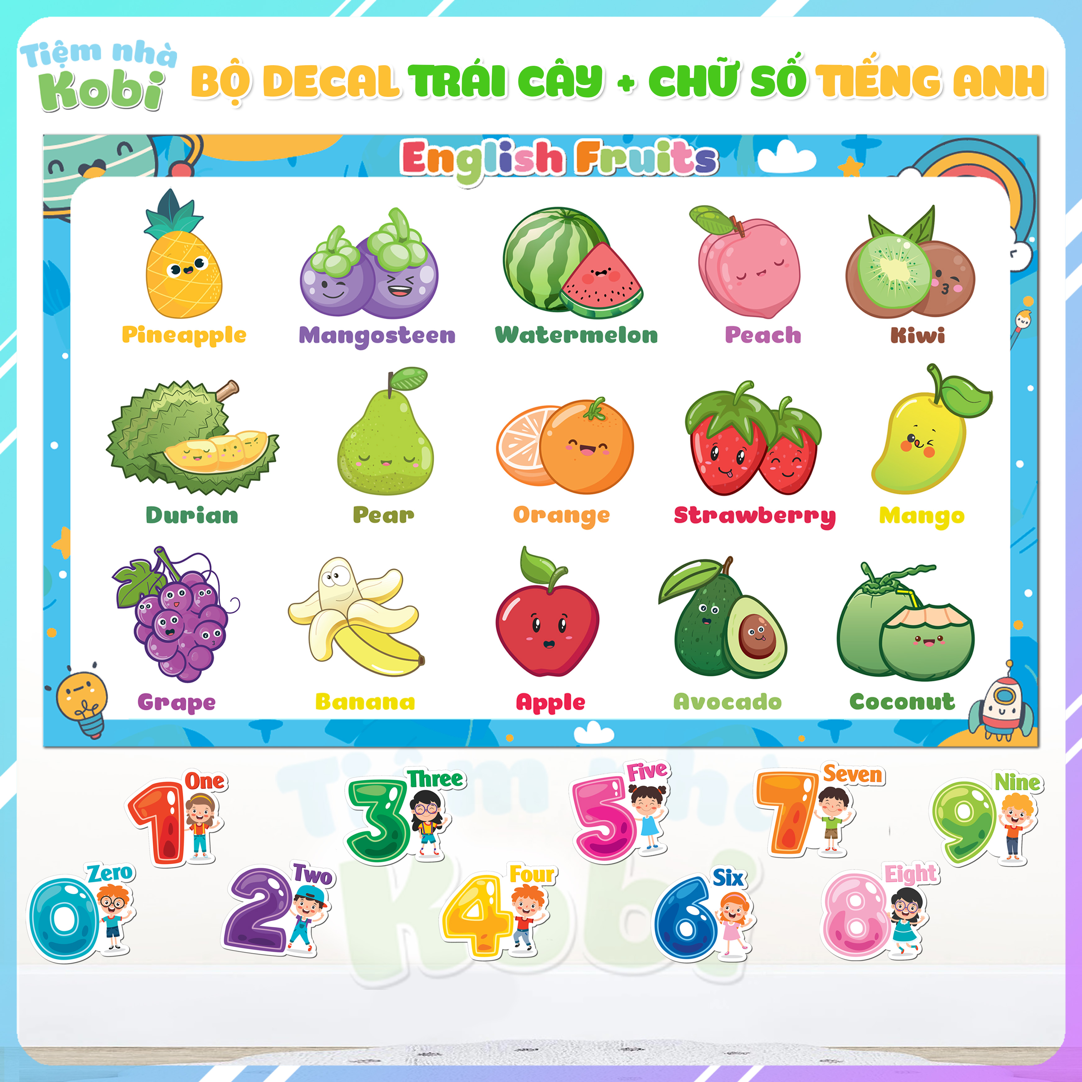Bộ decal trái cây, hoa quả tiếng anh + chữ số tiếng anh - dán tường cho bé học tập