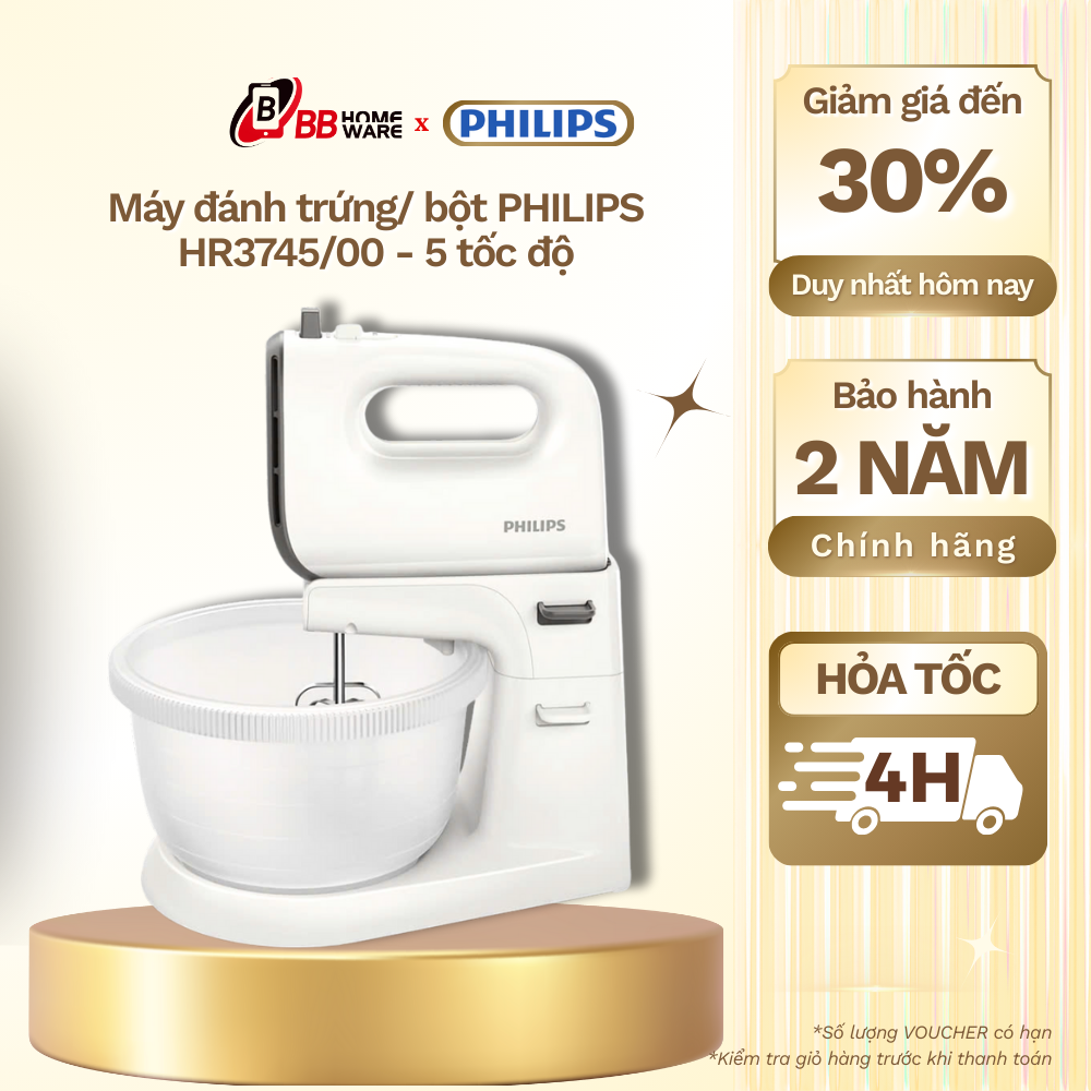 Máy đánh trứng PHILIPS HR3745/00 - Có thể nhồi bột làm bánh | 5 tốc độ tăng cưòng - Chính hãng | Bảo hành 2 năm