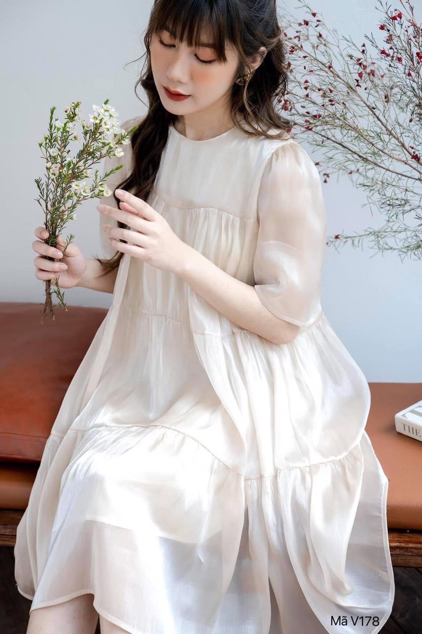 Đầm bầu dự tiệc cưới cao cấp organza V31  FREESHIP  váy bầu đẹp công sở màu be nhạt hàng thiết kế full size S/M/L cho mẹ bầu