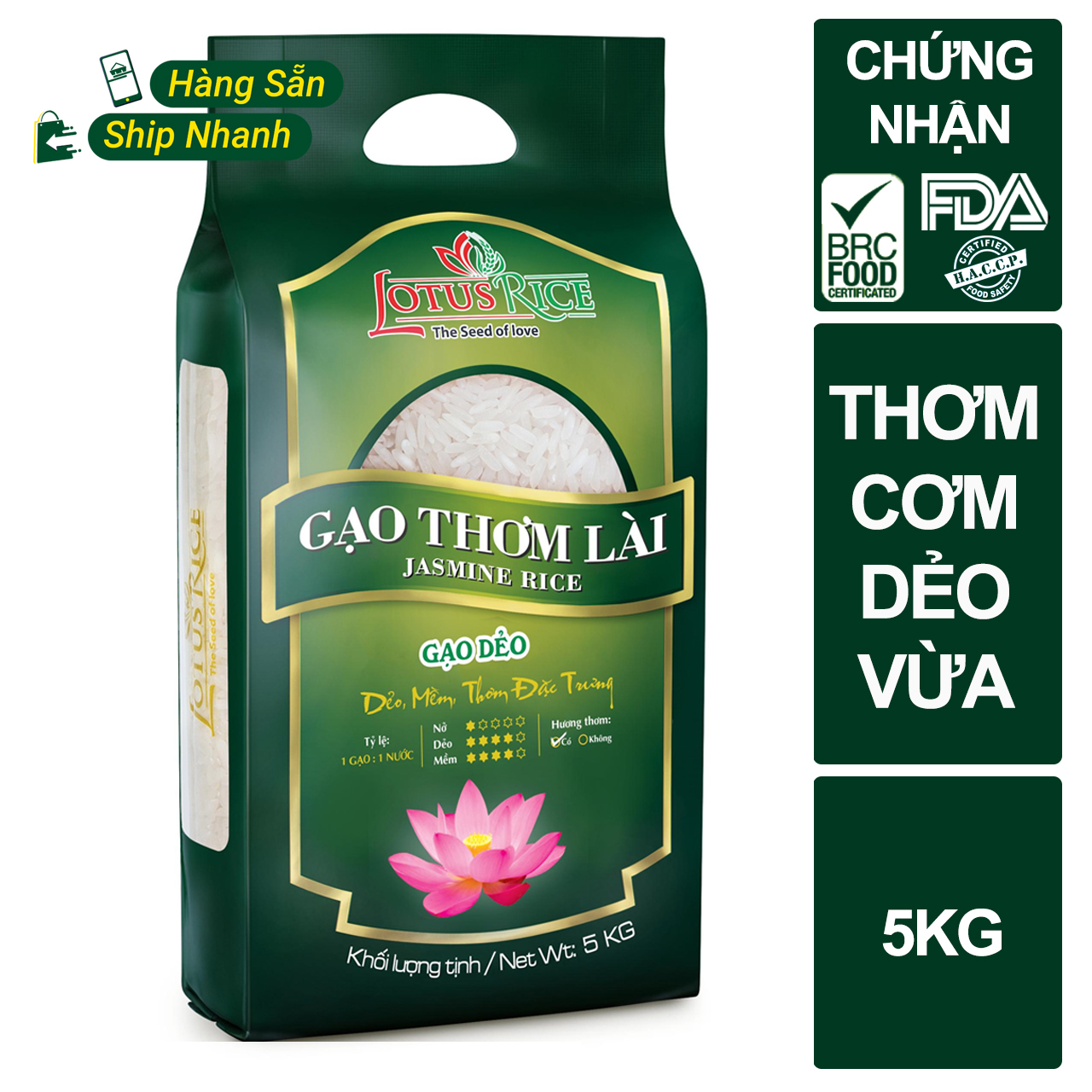 Gạo Thơm Lài thơm ngon dẻo vừa Lotus Rice 5kg - Gạo ngon sạch chuẩn xuất khẩu - Đạt nhiều chứng nhận an toàn thực phẩm quốc tế