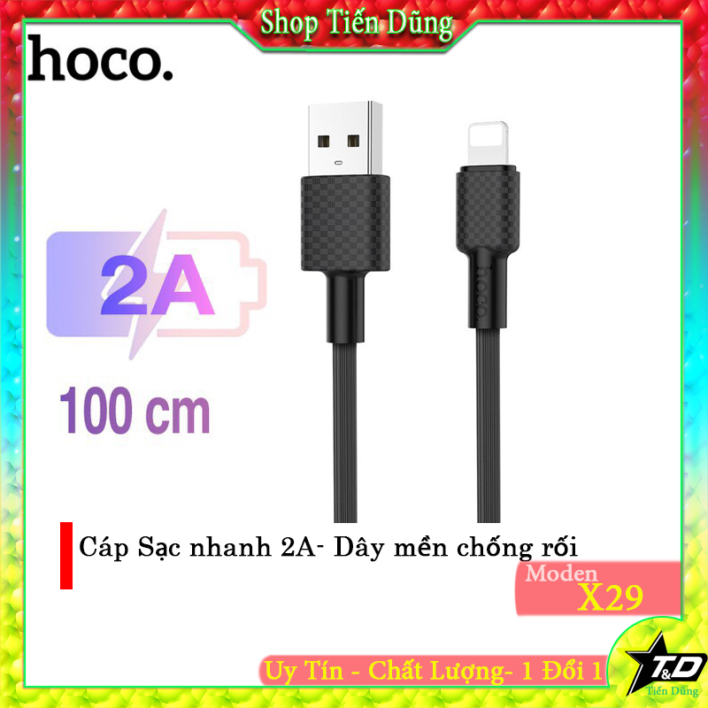 Cáp sạc nhanh hoco x29 chân lightning dài 1m 2A chất liệu nhựa dẻo chống gẫy chống đức
