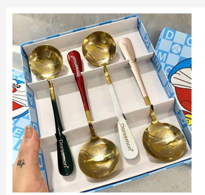Set 4 thìa muỗng inox mạ vàng khắc chữ doremon
