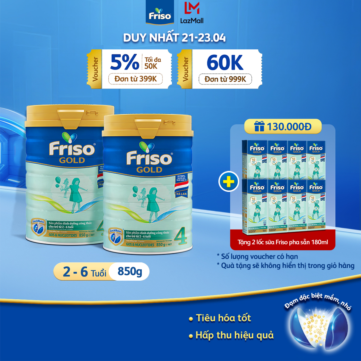 [21- 23/4 VOUCHER ĐẾN 1 TRIỆU] [Tặng 2 lốc RTD 180ml] Bộ 2 lon Sữa Bột Friso Gold 4 lon thiếc 850G cho trẻ từ 2-6 tuổi