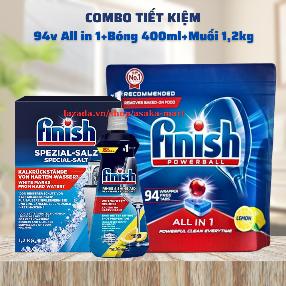 Viên rửa bát finish All in one 94 viên + Bóng finish 400ml + Muối finish 1,2kg dùng cho máy rửa bát chén vienruabat nuoclambong vienruabatfinish