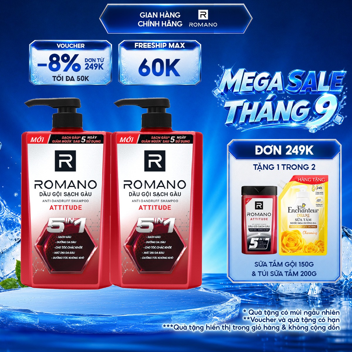 Dầu gội Romano sạch gàu hương nước hoa Attitude 610g  + Tặng sữa tắm 150g