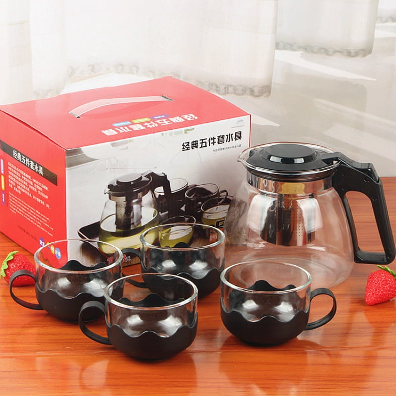 Bộ ấm pha trà thủy tinh có lưới lọc cao cấp, 1 ấm pha trà + 4 ly thuỷ tinh quai nhựa cao cấp