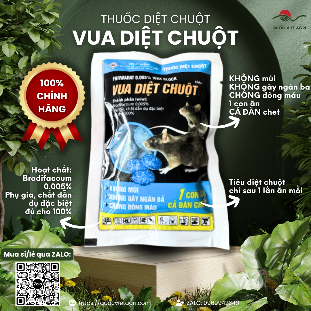 Thuốc diệt chuột VUA DIỆT CHUỘT FORWARAT 0.005% WAX BLOCK (gói 20 viên) - Brodifacoum 0.005% Không mùi, Không gây ngán bả, Chống đông máu