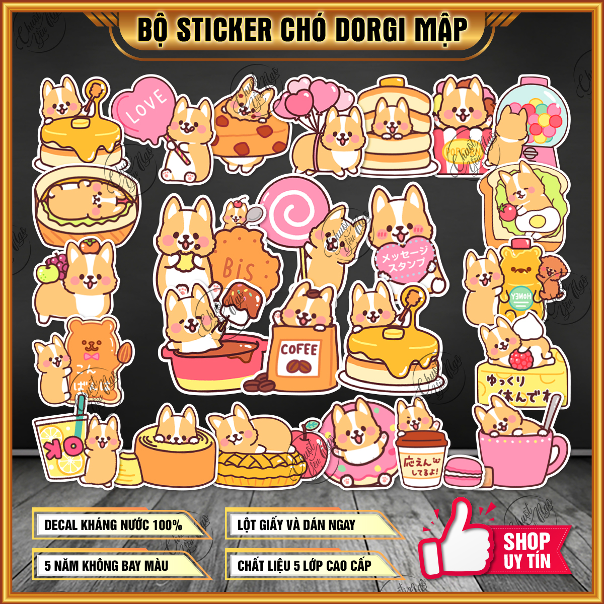 Bộ 100 sticker chó CORGI CAKE dễ thương hình dán trang trí laptop xe máy