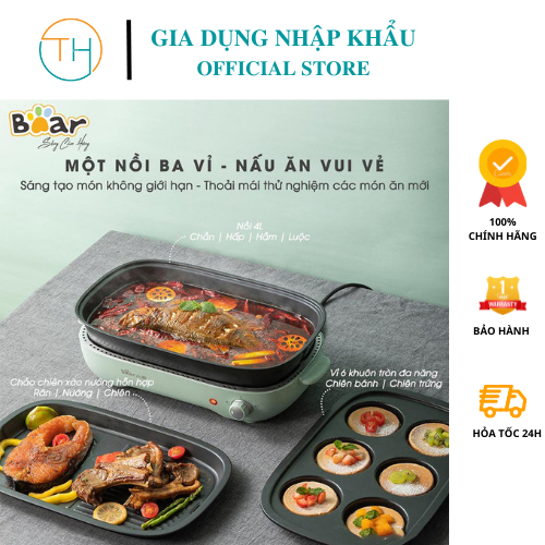 Nồi Lẩu Nướng Đa Năng 3 Trong 1. Bếp điện Bear đi kèm 1 ngăn lẩu, 1 ngăn nướng, 1 khay nướng cupcake Hàng chính hãng BH 18 Tháng