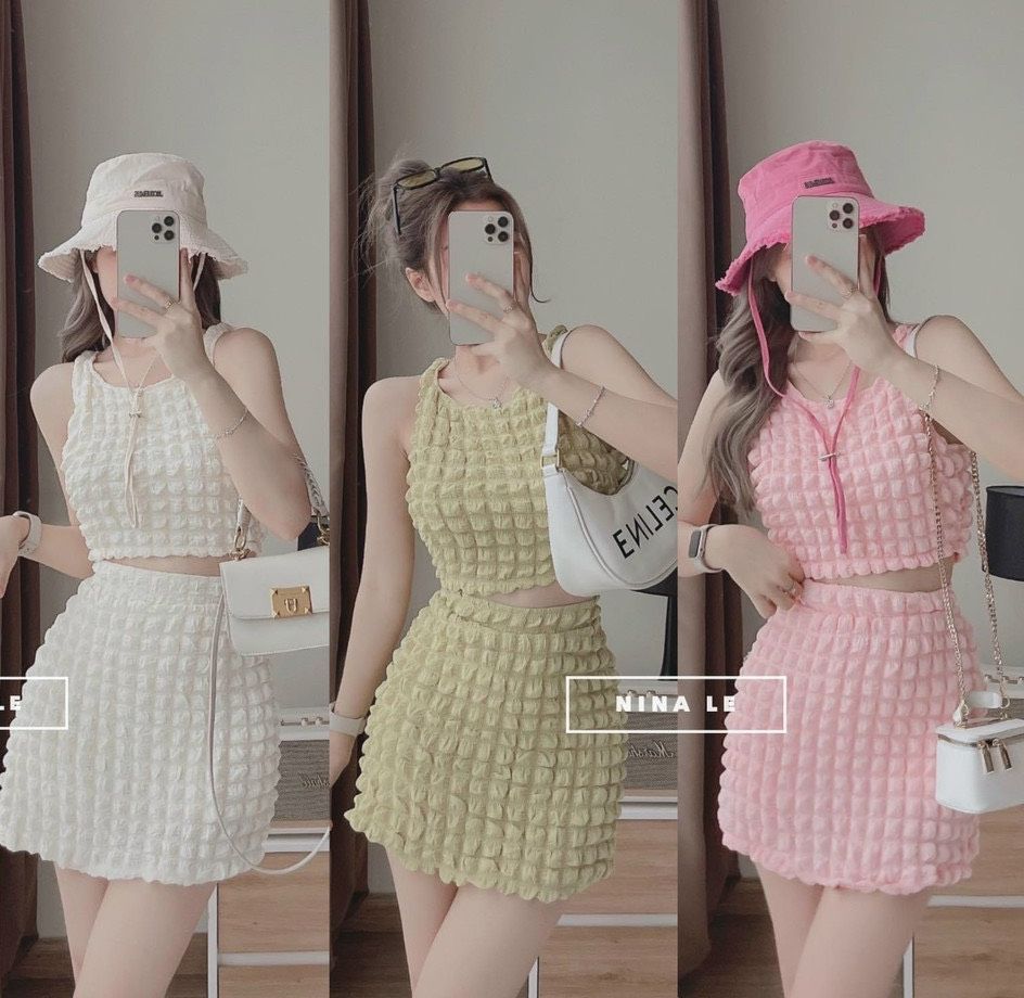 Sét bộ xốp ô vuông chân váy may kèm quần siêu hot.