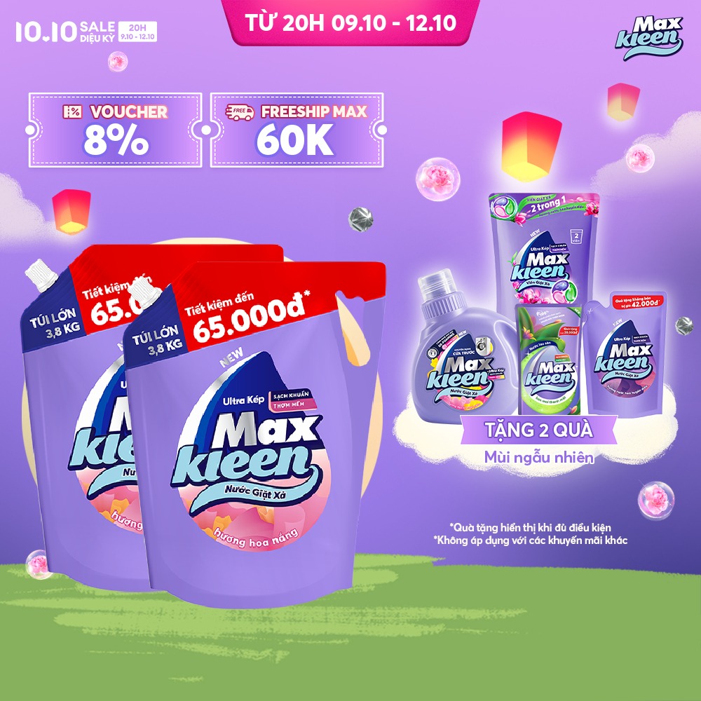 Combo 2 Túi Nước Giặt Xả MaxKleen Hương Huyền Diệu/ Hoa Nắng/ Thiên nhiên 3.8kg/ 3.6kg