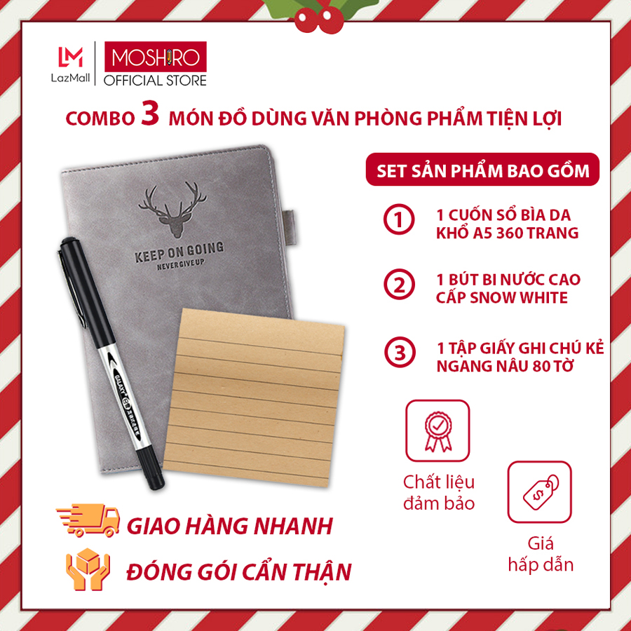 Combo 1 sổ tay ghi chép Moshiro khổ A5 siêu dày 360 trang bìa da PU cao cấp, 1 tập giấy note 80 tờ kẻ ngang màu nâu và 1 bút bi nước mực gel Snowhite màu đen