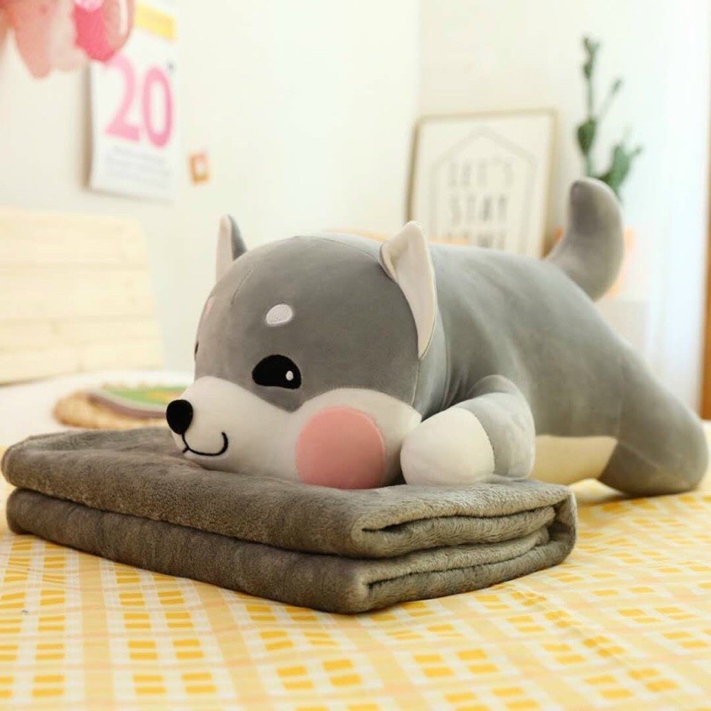 Gấu bông có mền - chăn gối văn phòng 3in1 hình chó nhật xám