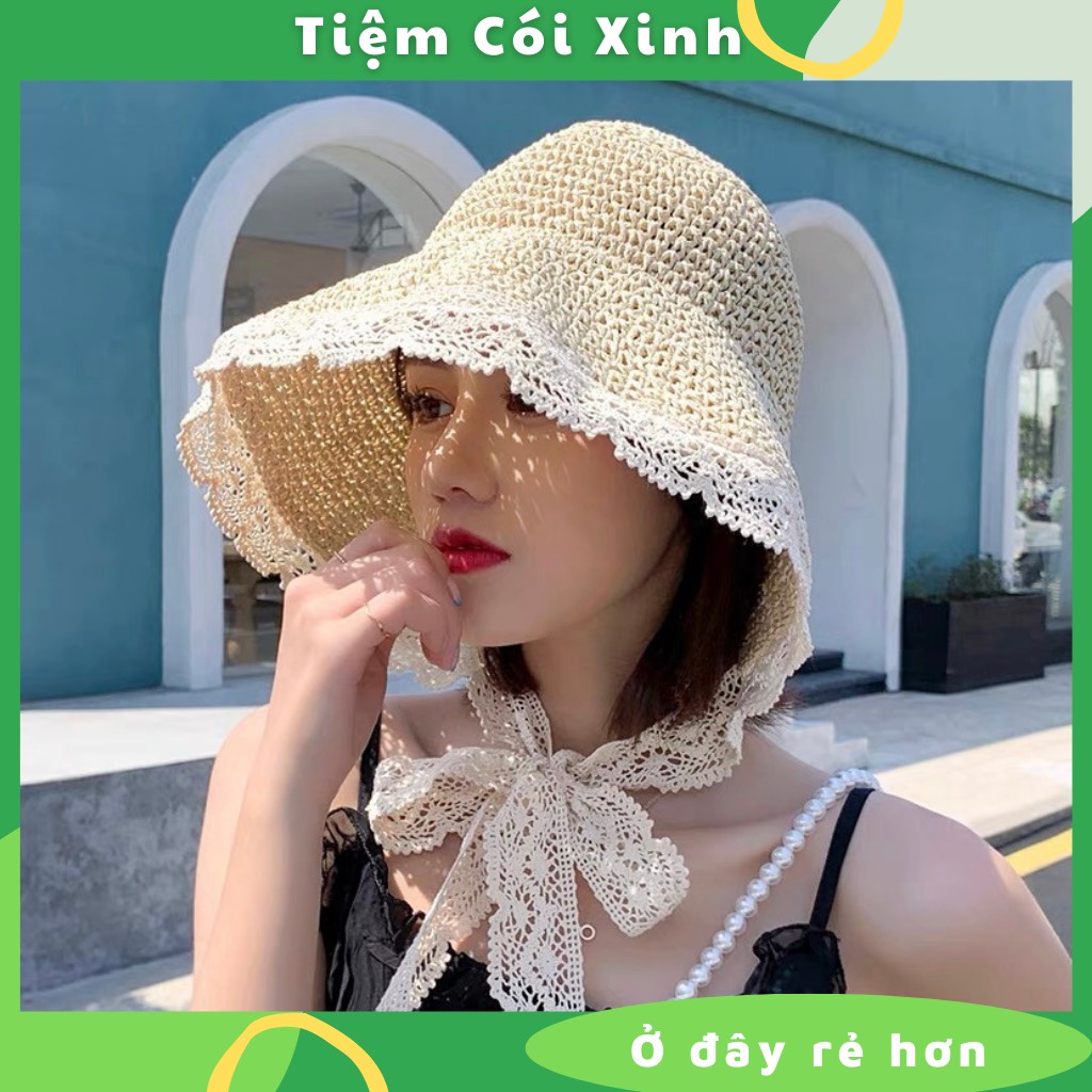Mũ cói mềm viền ren tiểu thư có dây buộc dễ thương tiệm cói xinh