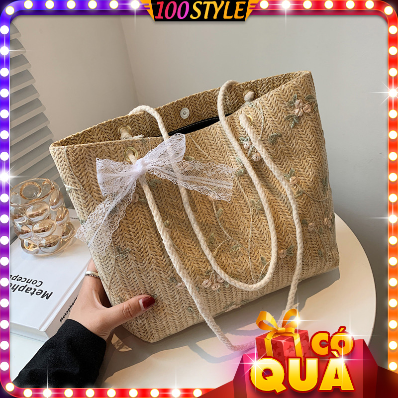 Túi cói vuông lớn thêu hoa quai thừng phối nơ ren xinh xẻo - 100style