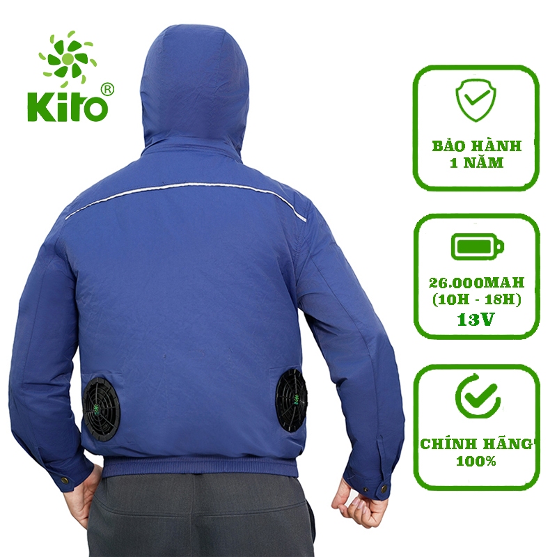 Áo quạt điều hòa KITO có mũ công nghệ Nhật Bản - PIN 26.000MAH + QUẠT 13V ( Tặng 2 túi đá khô ) Vải 100% coton