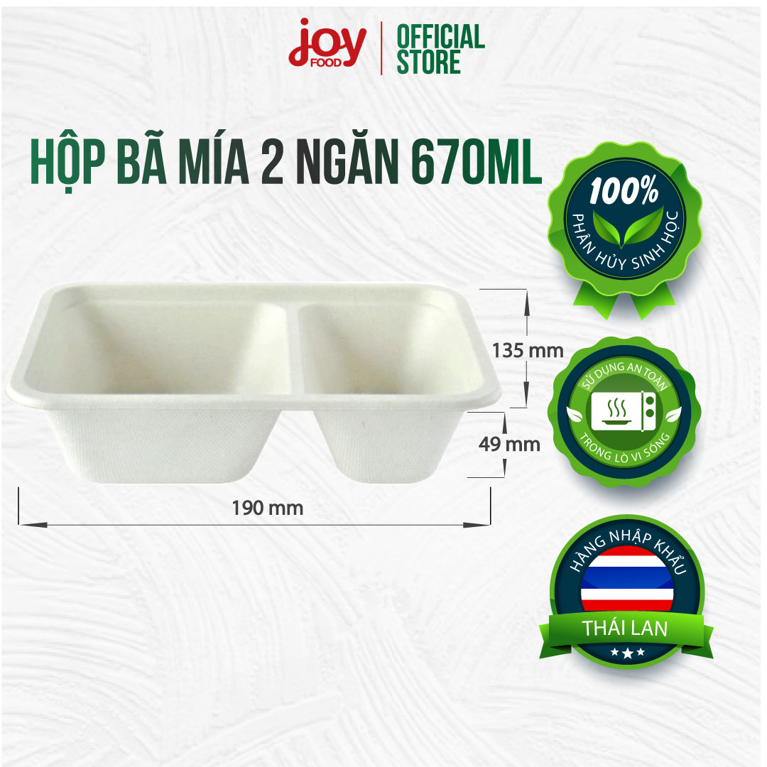 50 hộp bã mía chữ nhật 2 ngăn 670ml/ kèm nắp nhựa