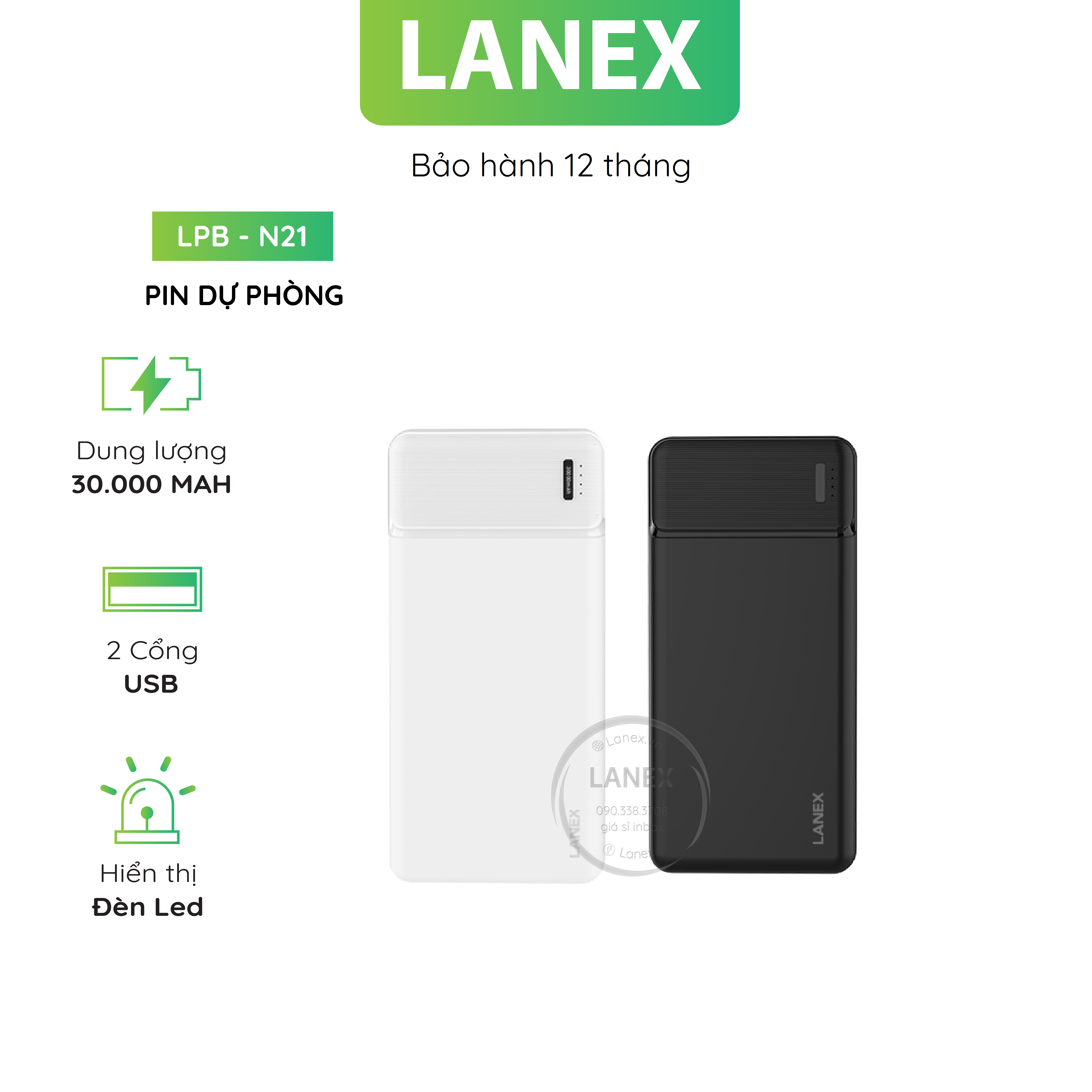 Pin dự phòng lanex lpb - n21 2 cổng usb 2.1a 30000mah 1 đèn led