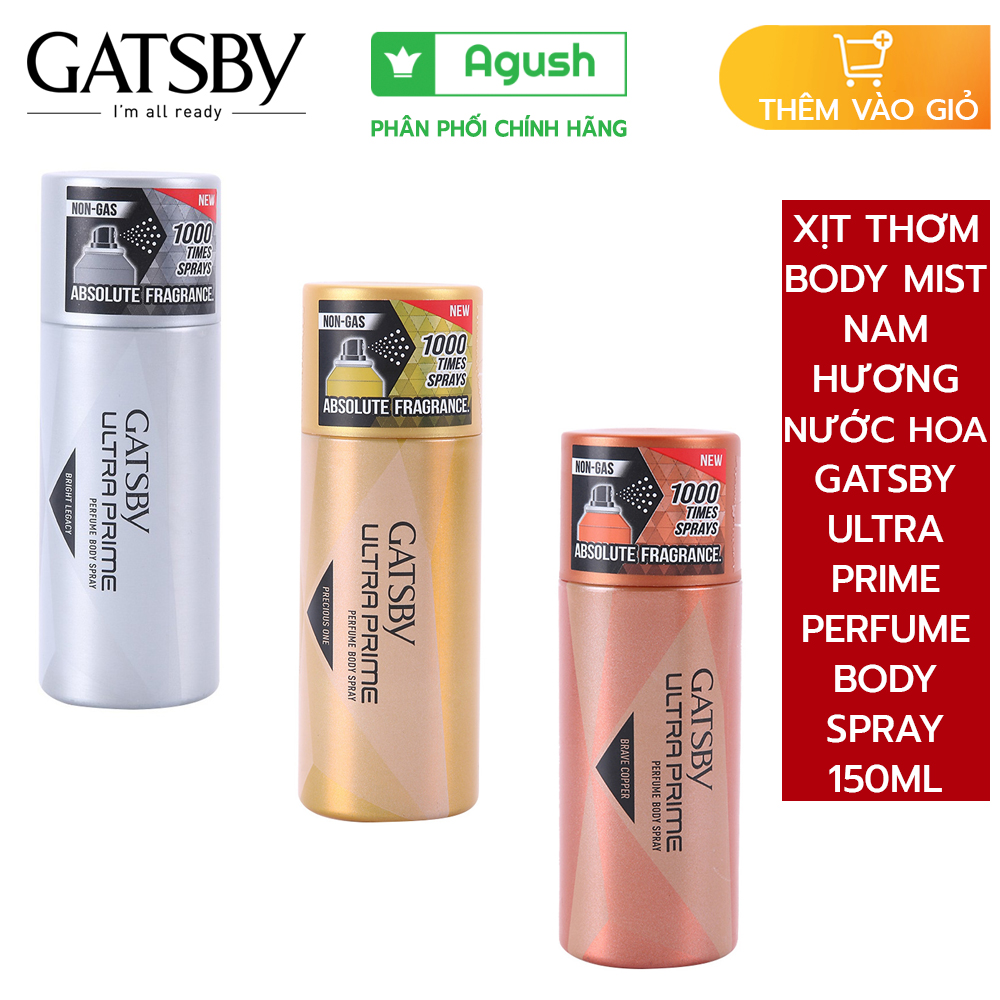 Xịt thơm body mist nam hương nước hoa Gatsby Ultra Prime Perfume Body Spray Men Bright Legacy, Preci
