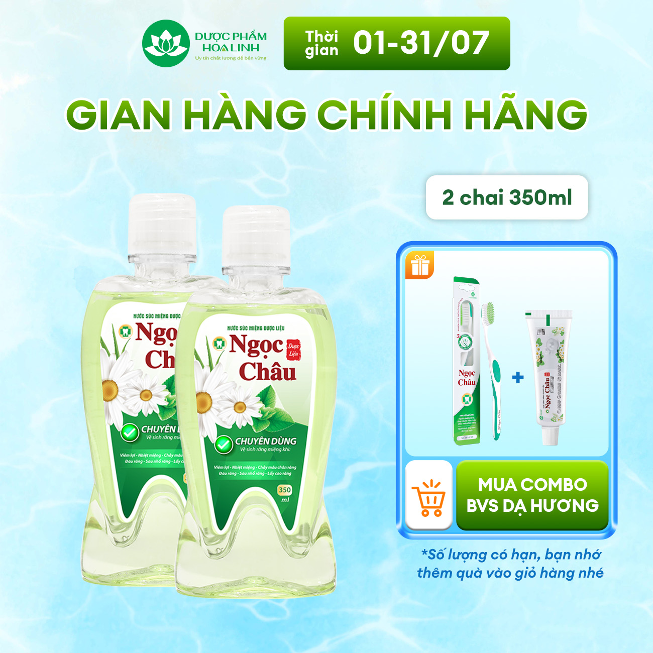 Combo 2 Nước súc miệng dược liệu Ngọc Châu 350ml - Ngăn nhiệt miệng, diệt khuẩn, giữ hơi thở thơm mát