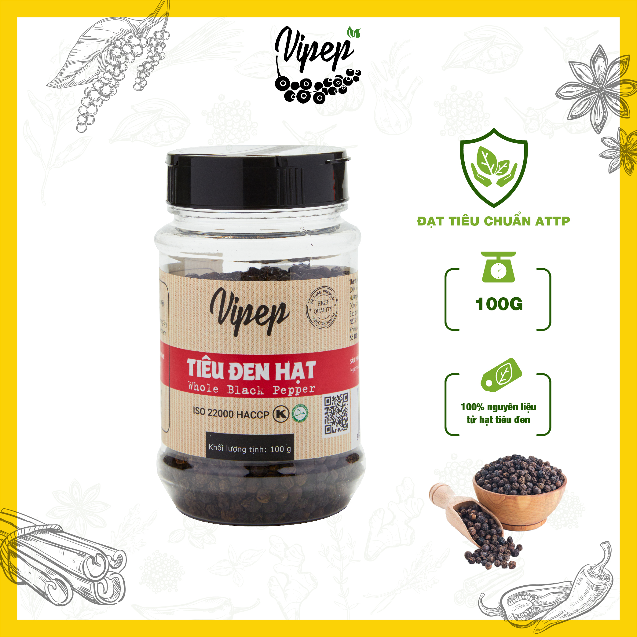 Tiêu đen hạt tự nhiên vipep hũ nhựa 100g