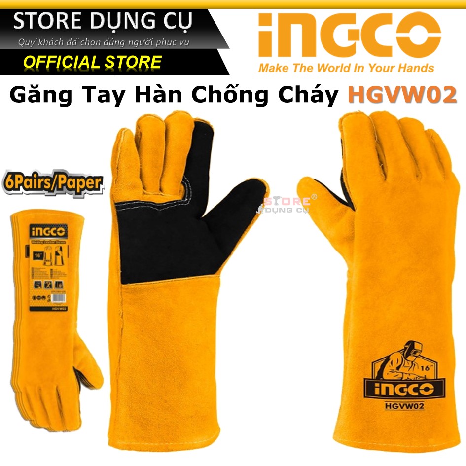 Găng tay hàn INGCO HGVW02 16" bao tay da hàn bảo hộ lao động da bò thật chịu nhiệt hàn tig mềm mại