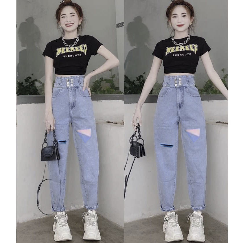Quần baggy jean nữ lưng cao 6 nút trước (size: S, M, L,XL ) rách 2 bên gối mẫu mới siêu hot tại Pinky79shop bgm10