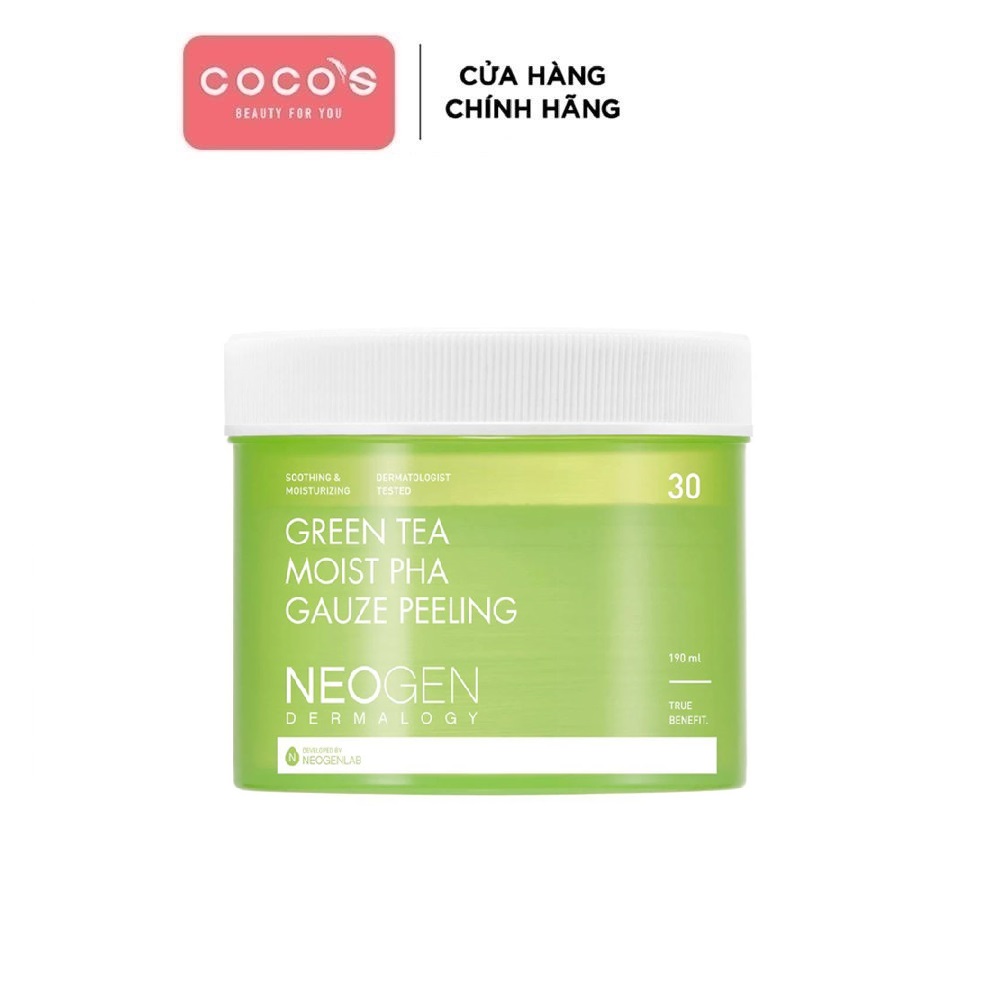 Pad tẩy da chết trà xanh pha giảm sưng viêm cho da mụn Neogen Dermalogy Green Tea Moist PHA Gauze Peeling 190ml