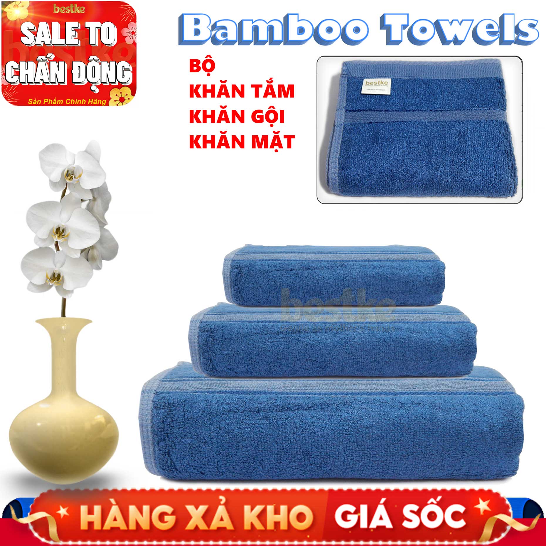 Bộ 3 ; khăn tắm 12035cm , khăn mặt 50*30cm sợi tre, trọng lượng 500g/bộ , bestke