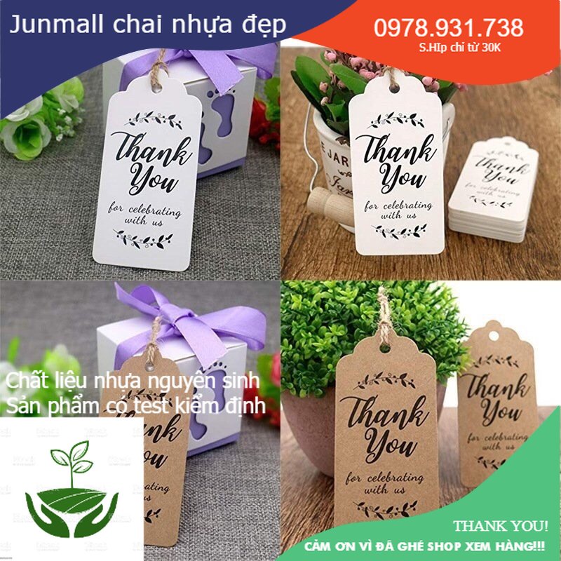 Set 100 tag tem thank you, tem giấy Kraft treo kèm 15m dây đay