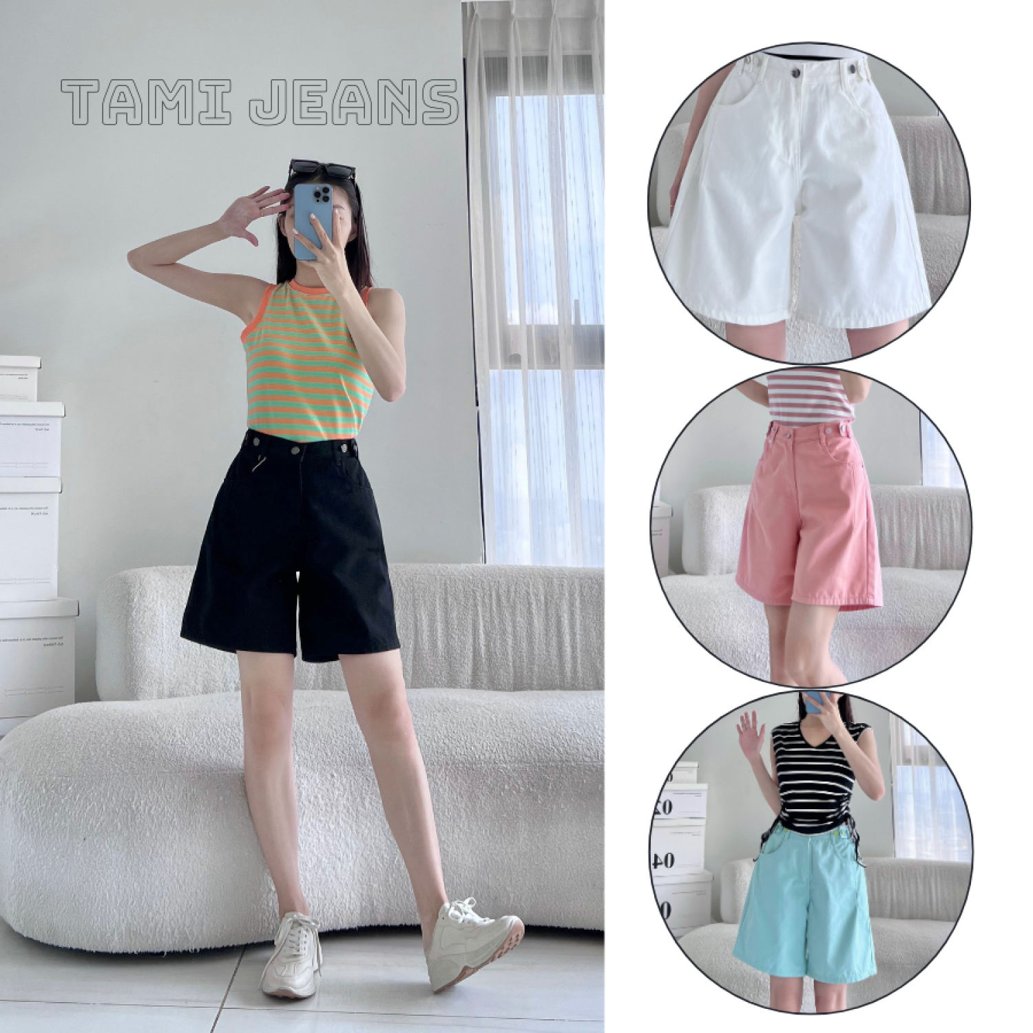  Quần short kaki lưng chun có 5 nút chỉnh eo dáng chử A đơn giãn Quần đùi kaki phối màu đơn giãn Trắng Đen Xanh Hồng 