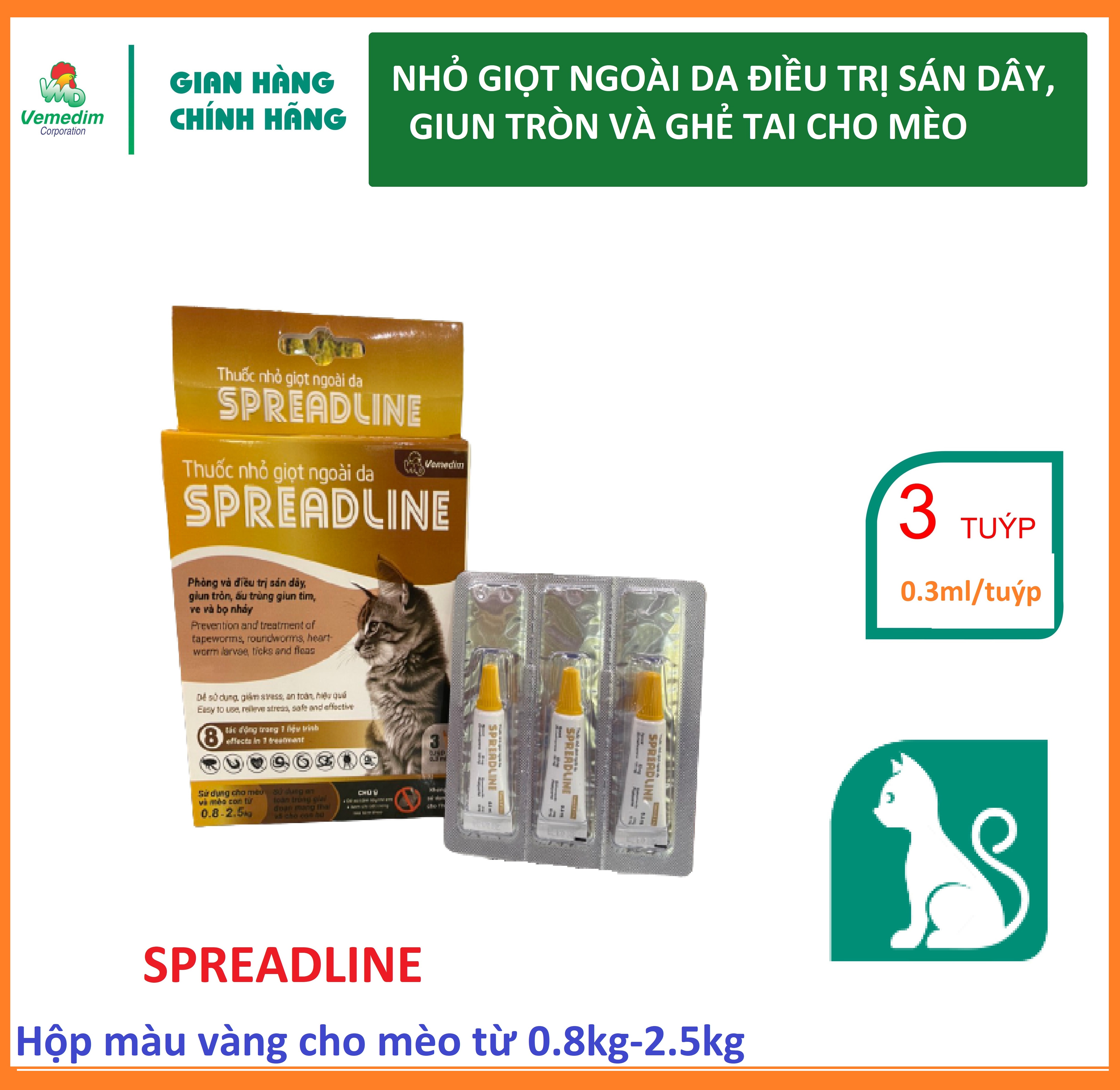  Vemedim Spreadline - Thuốc nhỏ gáy sán dây giun tròn ấu trùng giun tim ve và bọ nhảy cho mèo hộp 3 tuýp 