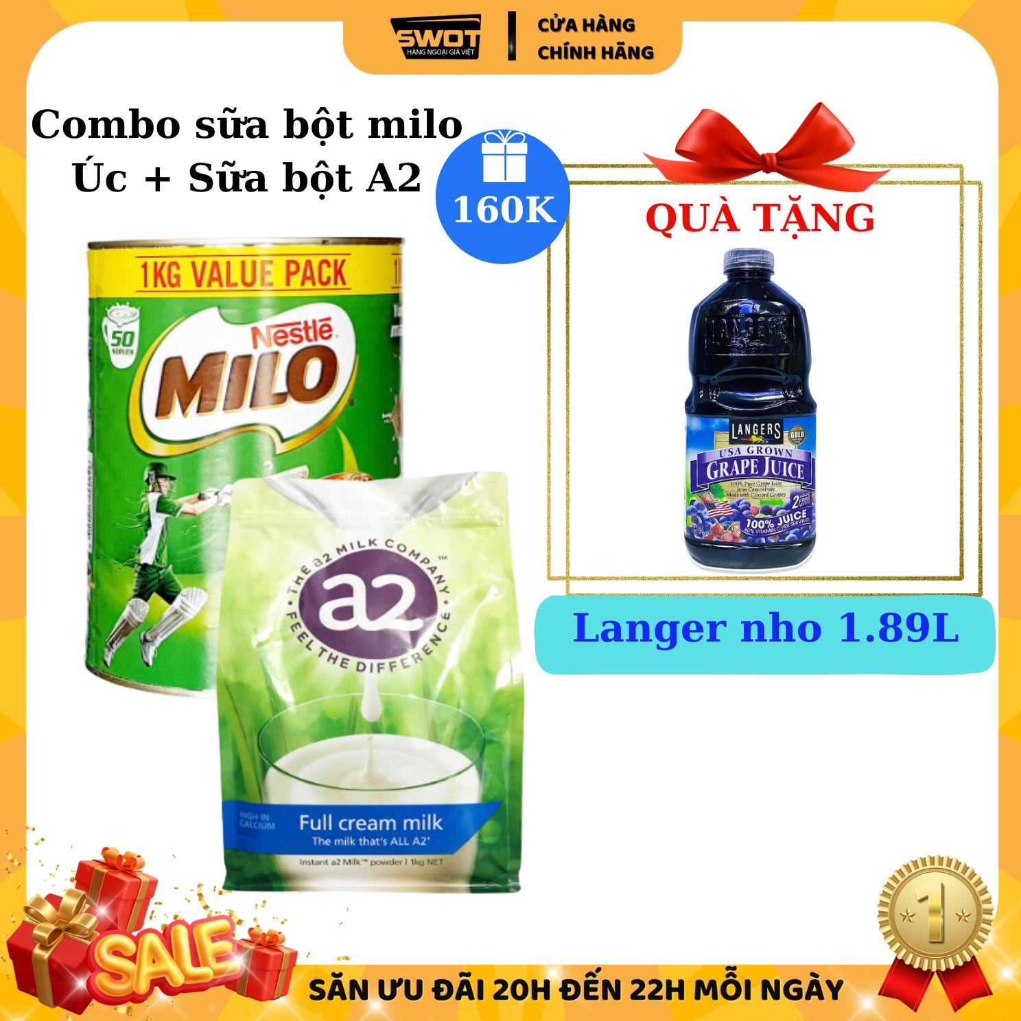 ComboSữa bột nguyên kem A2 1kg và Milo 1Kg - Australia