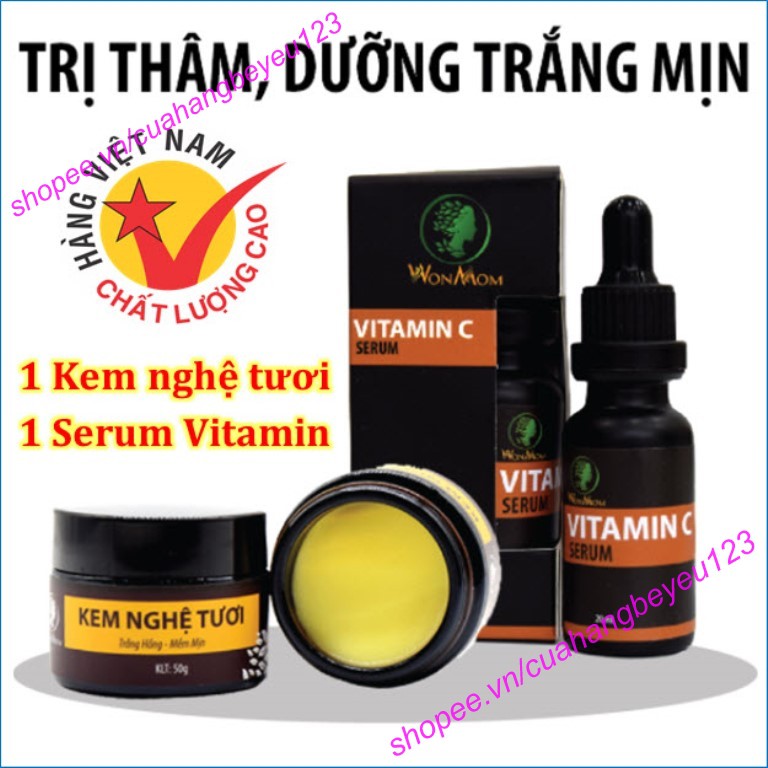 Bộ dưỡng da mặt trắng hồng Wonmom , mịn màng , giảm thâm nám (1 serum C, 1 kem nghệ tươi) WM510