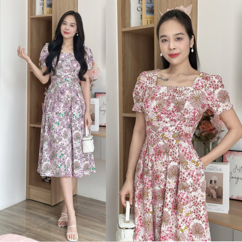 Đầm xòe hoa nhí cổ vuông xếp eo, tay phồng, có túi misa - ms0314
