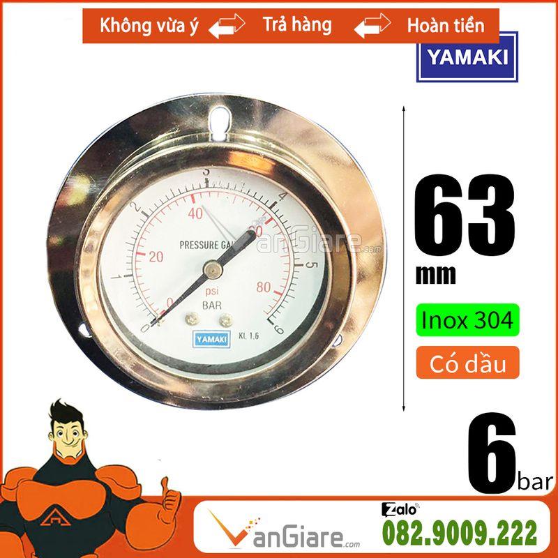 Đồng hồ đo áp suất inox 304 6 bar Yamaki, chân sau, có dầu