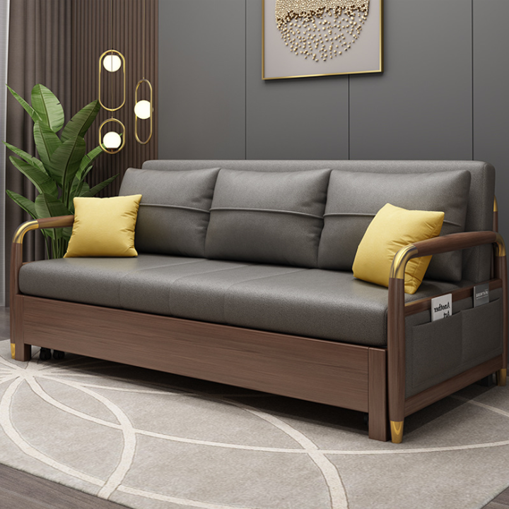 Giường sofa thông minh hiện đai t428, sofa giường tay gỗ tự nhiên chân kim loại mạ vàng khung sắt phun tĩnh điện