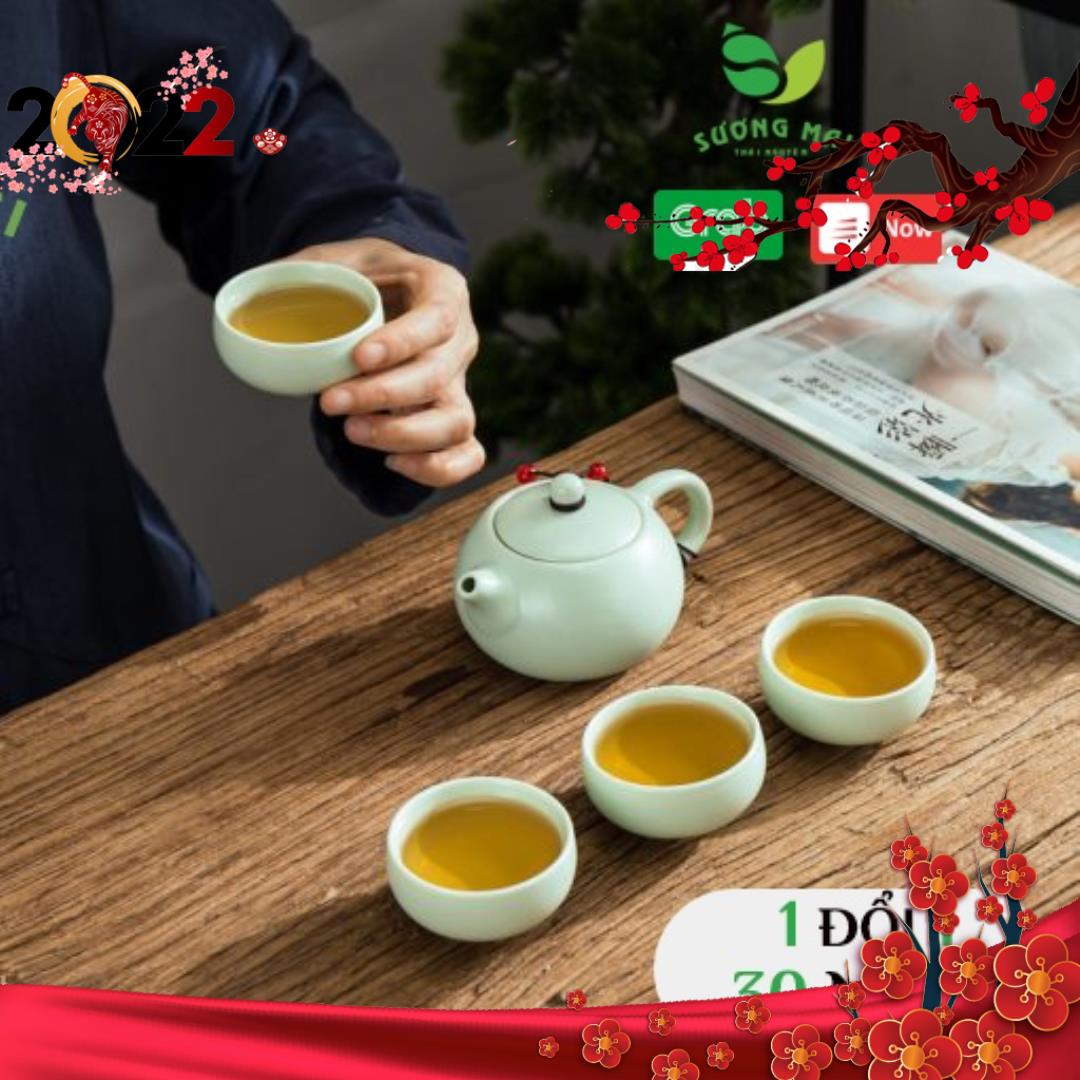 Bộ Ấm Chén Uống Trà Sứ 5 Món SƯƠNG MAI Đen Trắng Xanh - Bộ Ấm Trà Trơn Bảo Hành 30 Ngày - SM00005