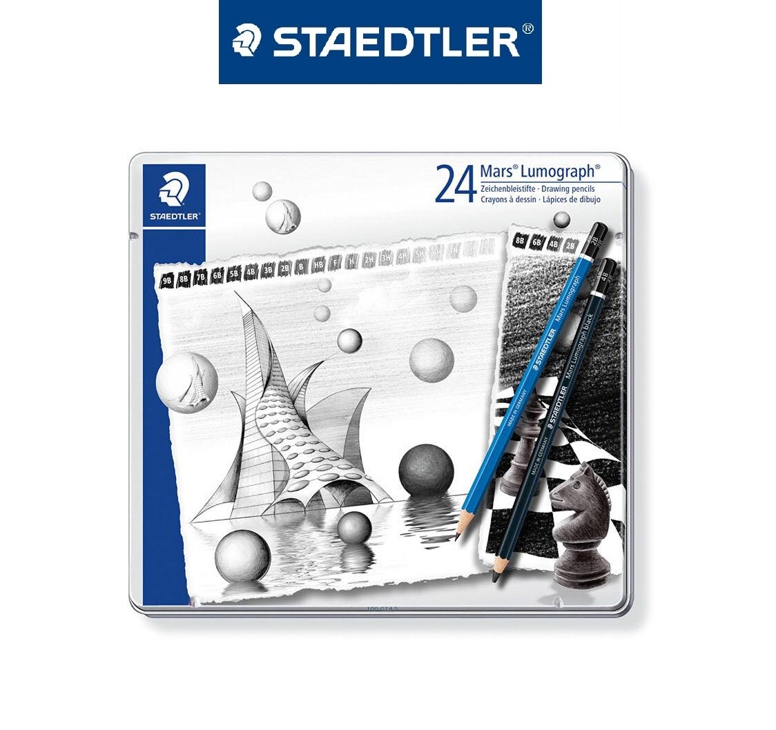 Bộ 24 cây chì phác thảo cao cấp staedtler mars lumograph xanh và đen trong hộp thiếc 100g24s