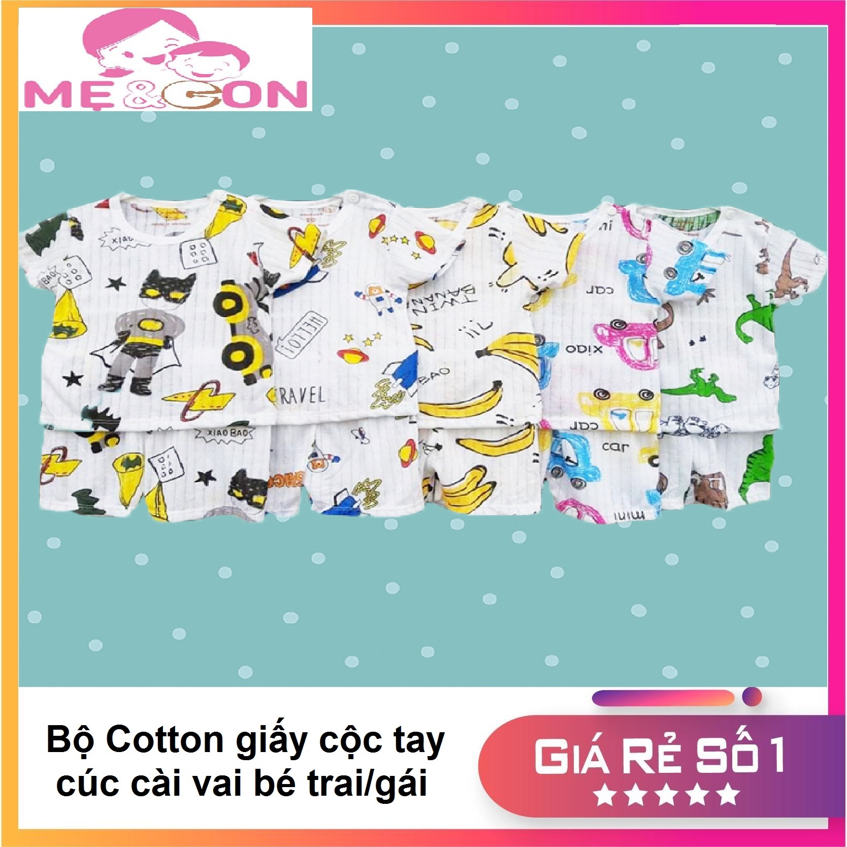 Bộ cotton giấy cộc tay cúc cài vai cho bé trai/gái